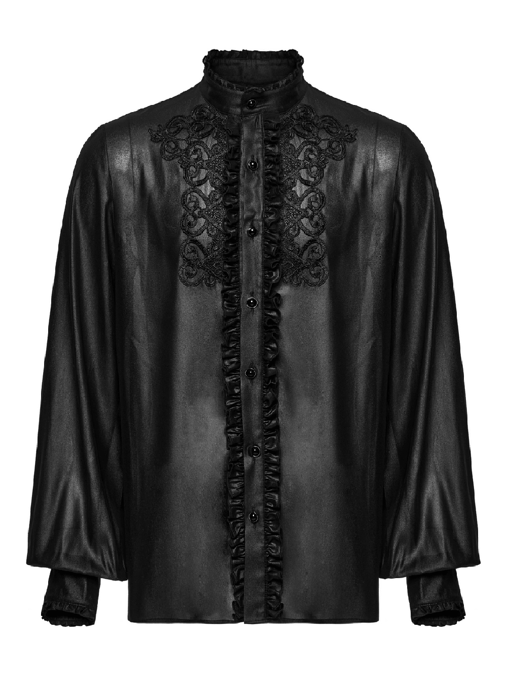 Men's gothic chiffon shirt with ruffles and lace, featuring gemstone buttons and elegant decals.