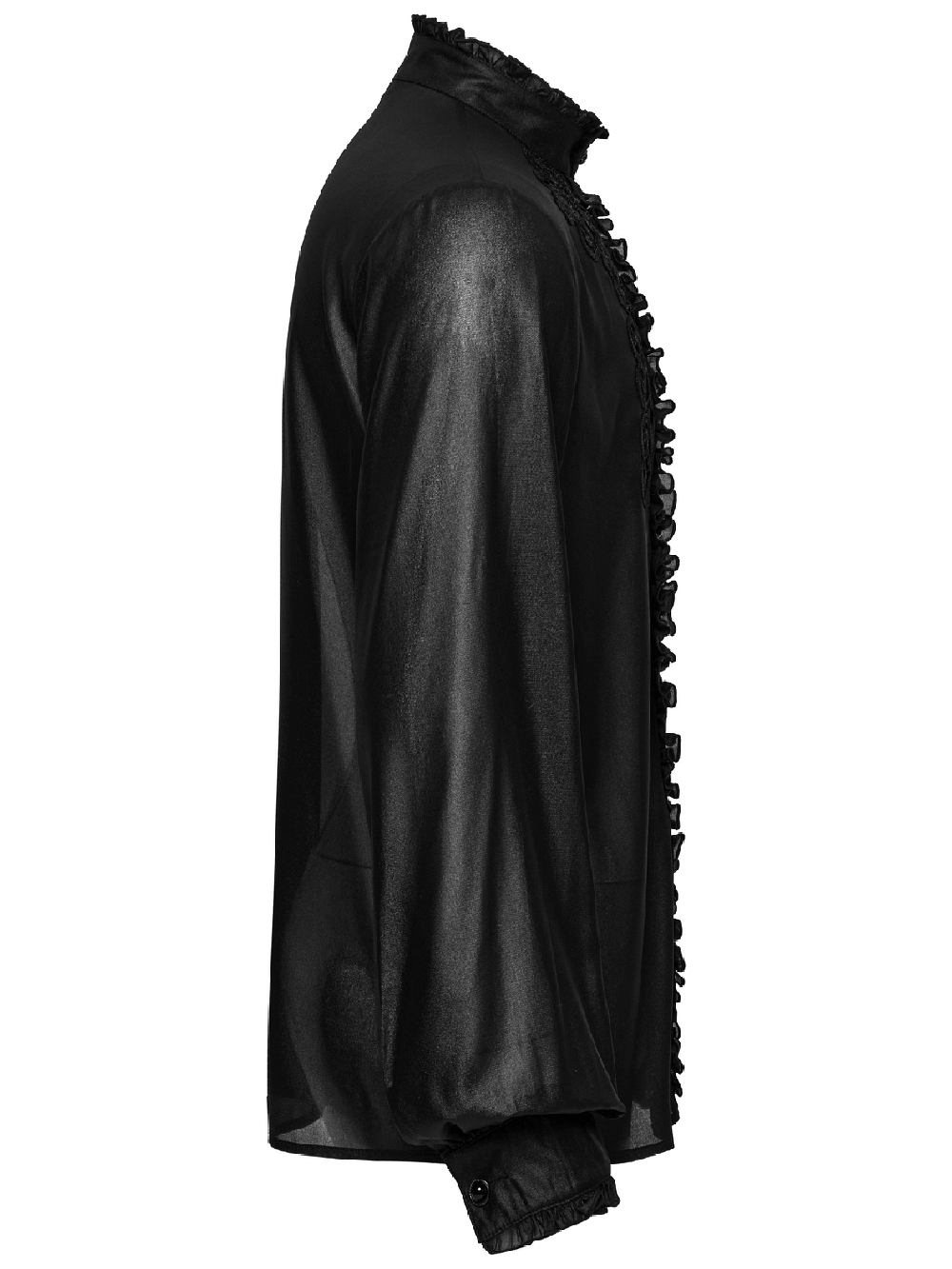 Men's Gothic chiffon shirt in black, featuring ruffles and gemstone buttons for an elegant alternative fashion style.