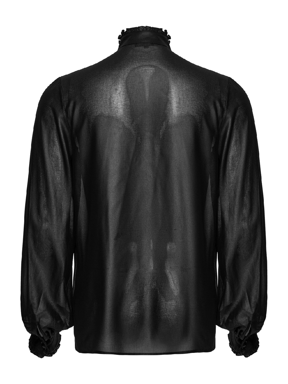 Back view of men's gothic chiffon shirt with ruffles, showcasing elegant black fabric and delicate details.