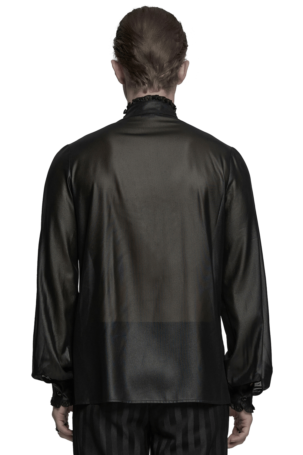 Men's gothic chiffon shirt showcasing elegant ruffles and lace from the back view, perfect for alternative fashion.
