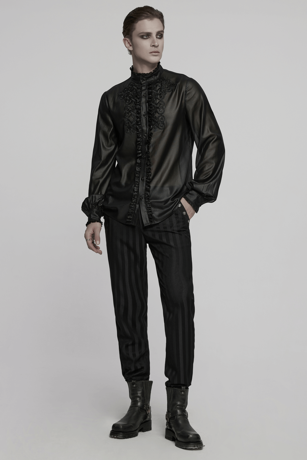 Men's gothic chiffon shirt with ruffles and lace, showcasing glossy texture and elegant lace decals.