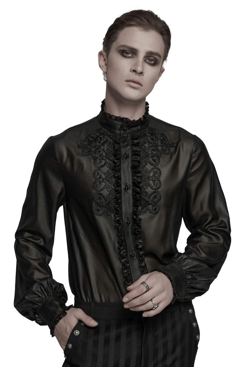 Men's gothic chiffon shirt with ruffles, lace decals, and gemstone buttons for alternative fashion lovers.