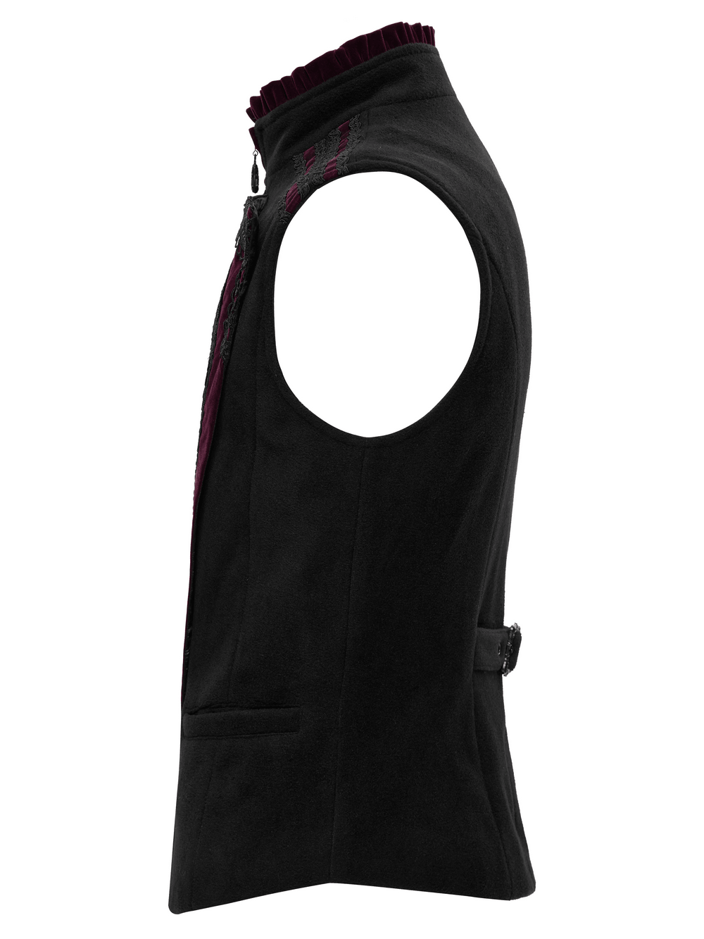 Men's Gothic Court Waistcoat with Velvet and Lace Applique, black Victorian vest with stand collar and burgundy velvet trim