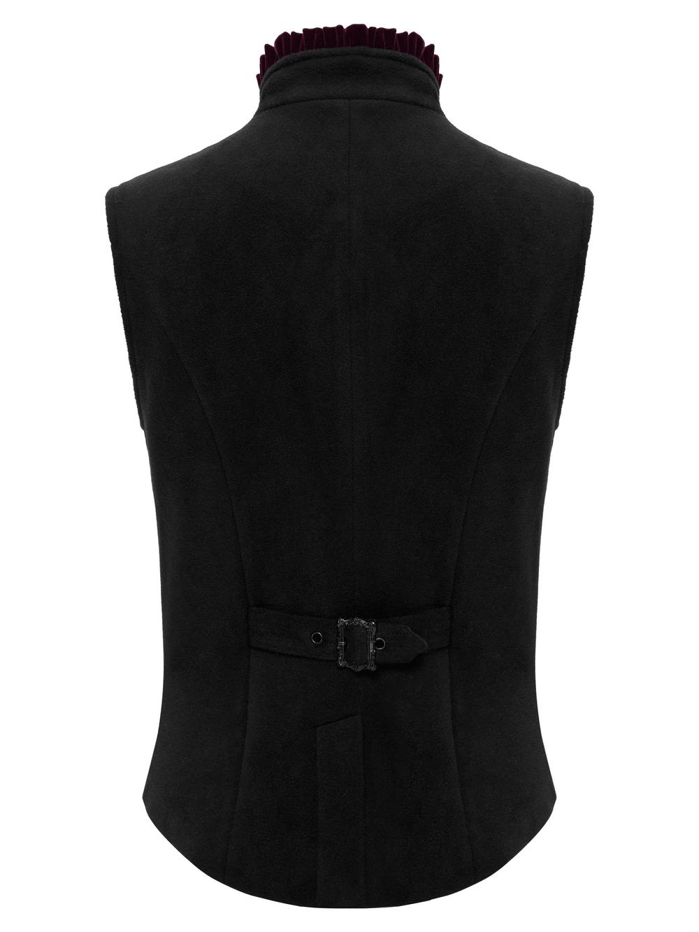 Men's Gothic Court Waistcoat with Velvet and Lace Applique, black back view with velvet collar and buckle strap