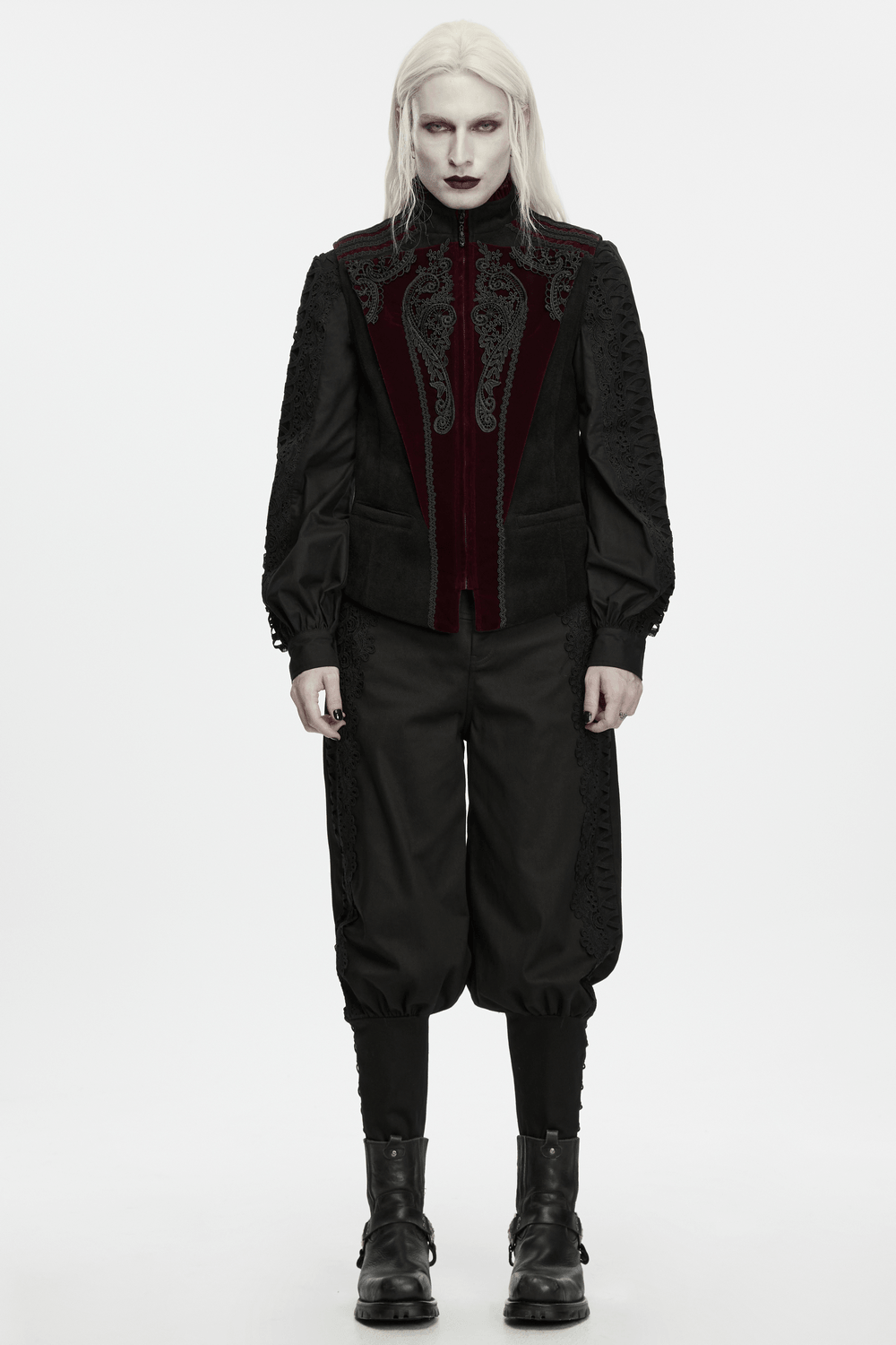 Men's Gothic Court Waistcoat with Velvet and Lace Applique, dark Victorian-inspired gothic style with ornate black applique.
