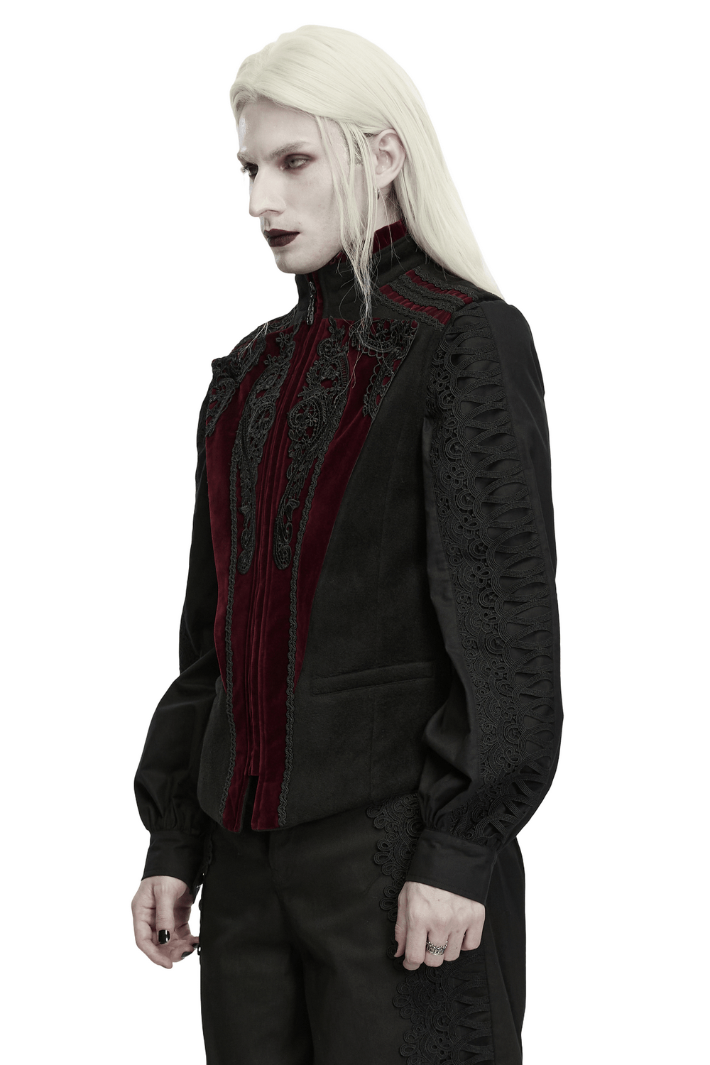 Men's Gothic Court Waistcoat with Velvet and Lace Applique, black velvet and lace gothic waistcoat with ornate Victorian styling