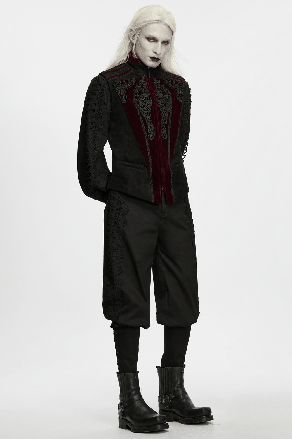 Men's Gothic Court Waistcoat with Velvet and Lace Applique, dark Victorian waistcoat with black applique and velvet panels