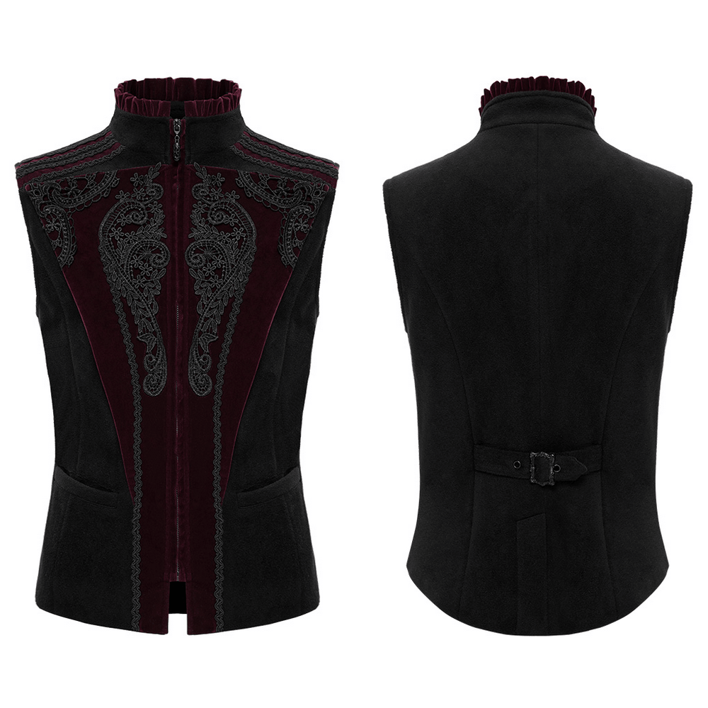 Men's Gothic Court Waistcoat with Velvet and Lace Applique in black-burgundy, front and back Victorian-style gothic vest