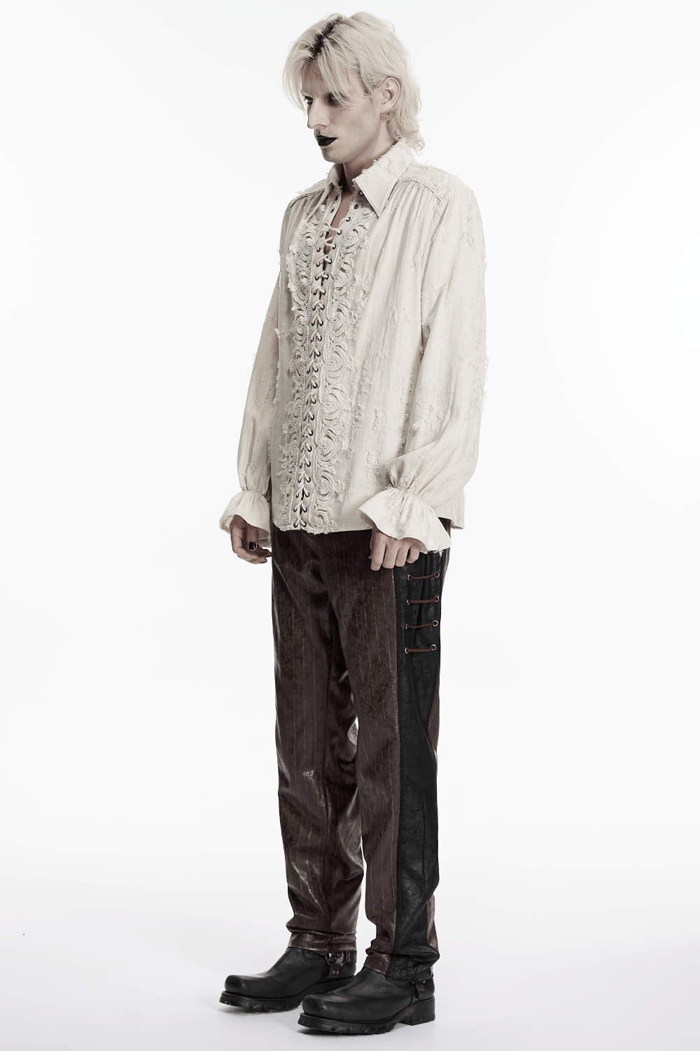 Men's Gothic Distressed Lace-Up Cotton Linen Shirt styled for dark romantic fashion.