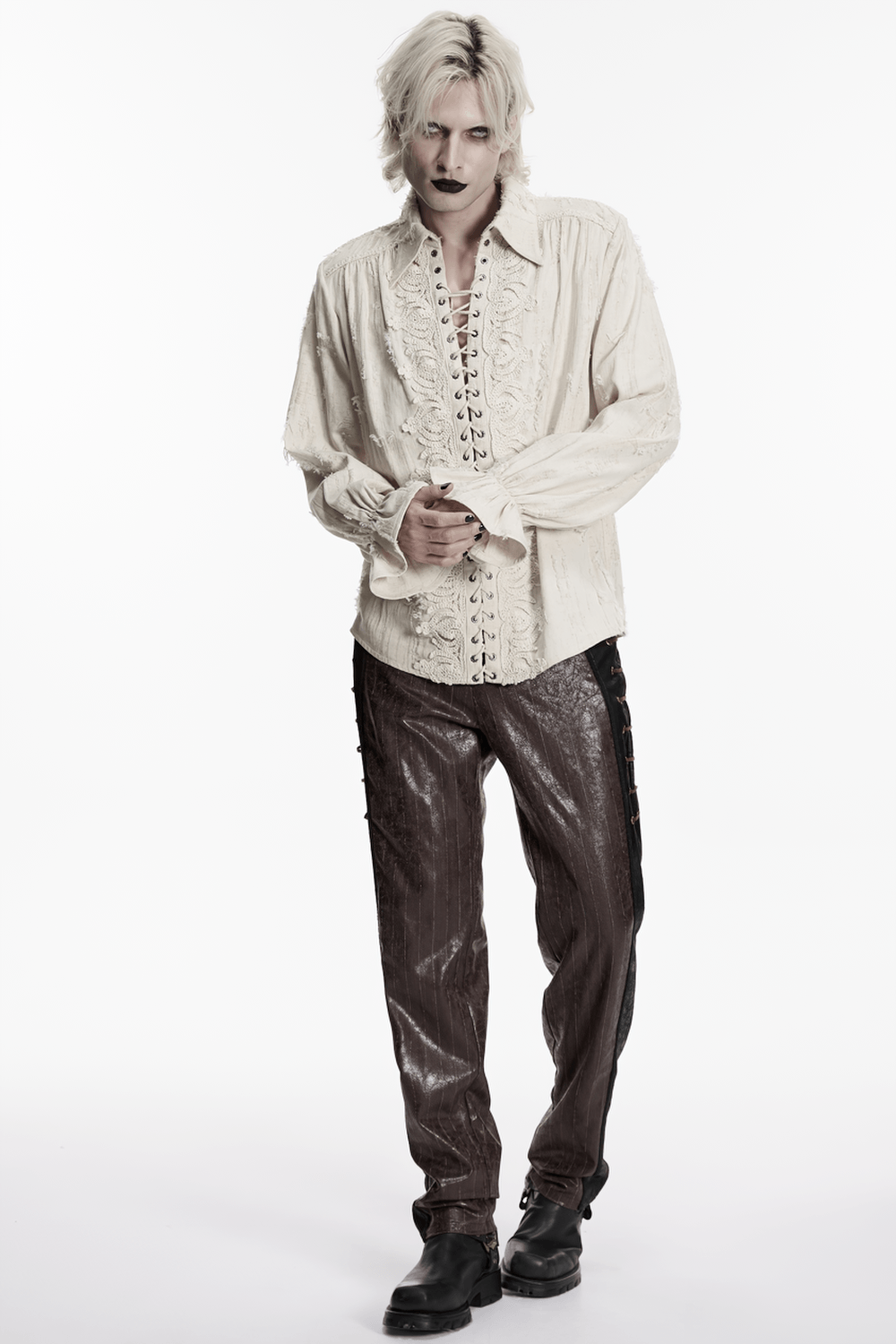 Men's Gothic Distressed Lace-Up Cotton Linen Shirt worn by a model showcasing goth fashion style.