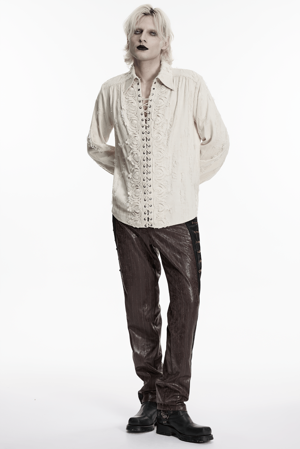 Men's Gothic Distressed Lace-Up Cotton Linen Shirt worn with dark pants for a stylish gothic look.