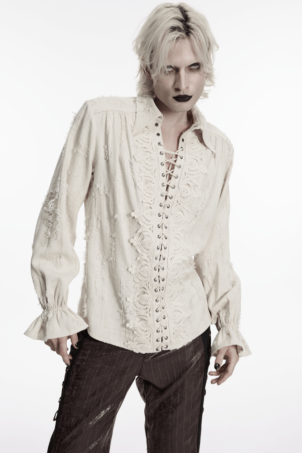 Men's Gothic Distressed Lace-Up Cotton Linen Shirt featuring elegant lace detailing and flared sleeves.