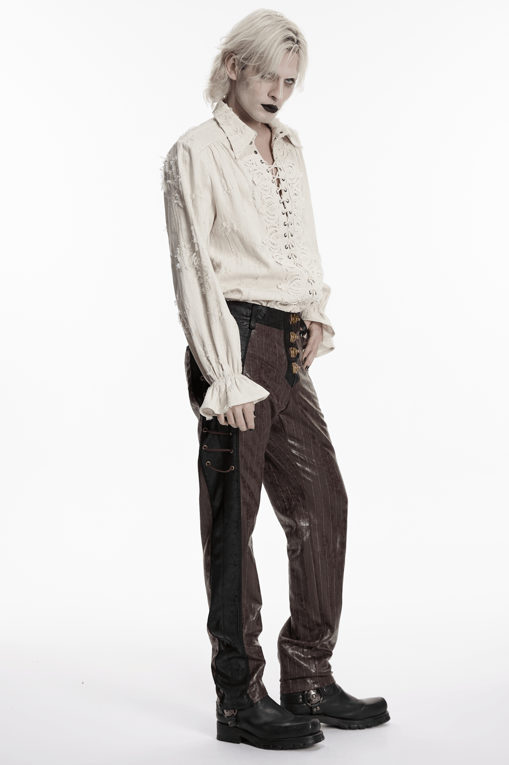 Men's Gothic Distressed Lace-Up Cotton Linen Shirt worn by model with flared sleeves and dark aesthetic style.