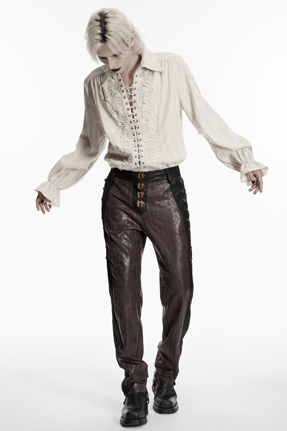 Men's Gothic Distressed Lace-Up Cotton Linen Shirt styled with dark romantic fashion.