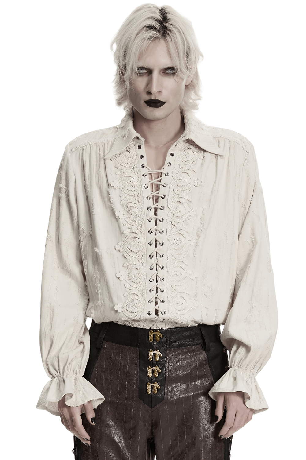 Men's Gothic Distressed Lace-Up Cotton Linen Shirt featuring intricate lace detailing and a classic lapel.