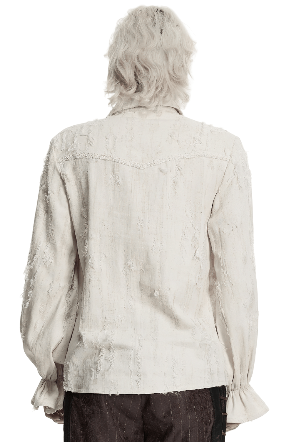 Men's Gothic Distressed Lace-Up Cotton Linen Shirt worn from the back, showcasing distressed cotton-and-linen fabric and flared sleeves.