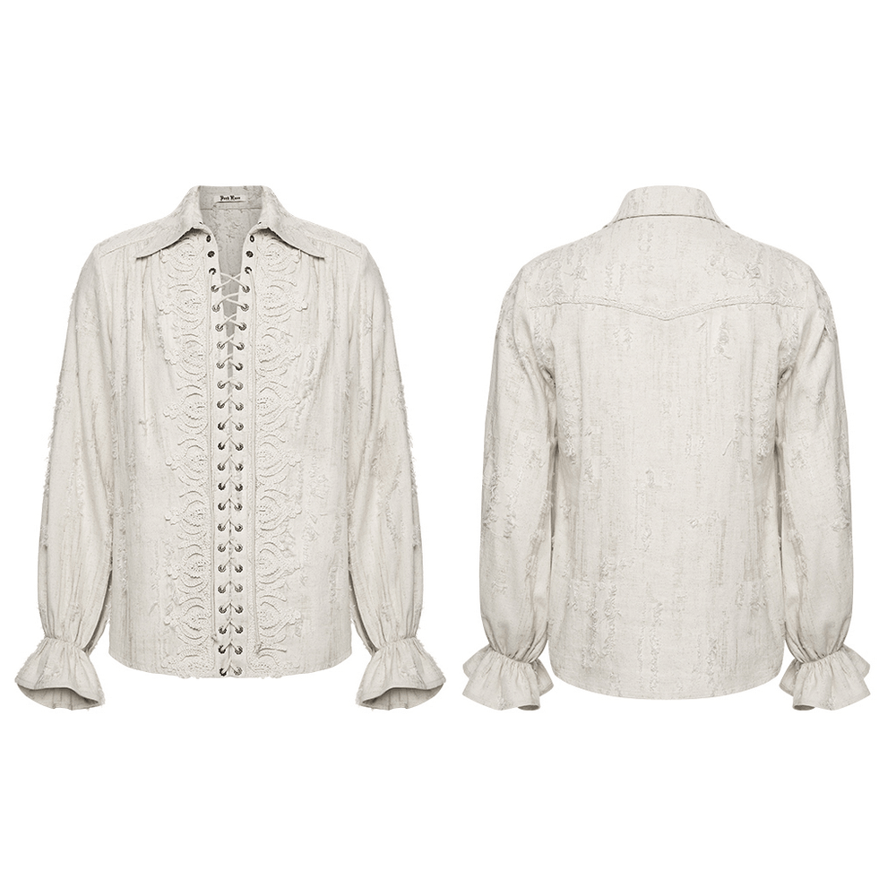 Men's Gothic Distressed Lace-Up Cotton Linen Shirt featuring intricate lace details and flared sleeves.