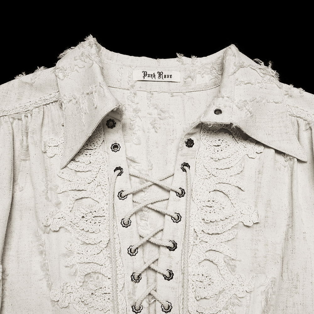 Men's Gothic Distressed Lace-Up Cotton Linen Shirt featuring intricate lace detailing and a classic lapel.