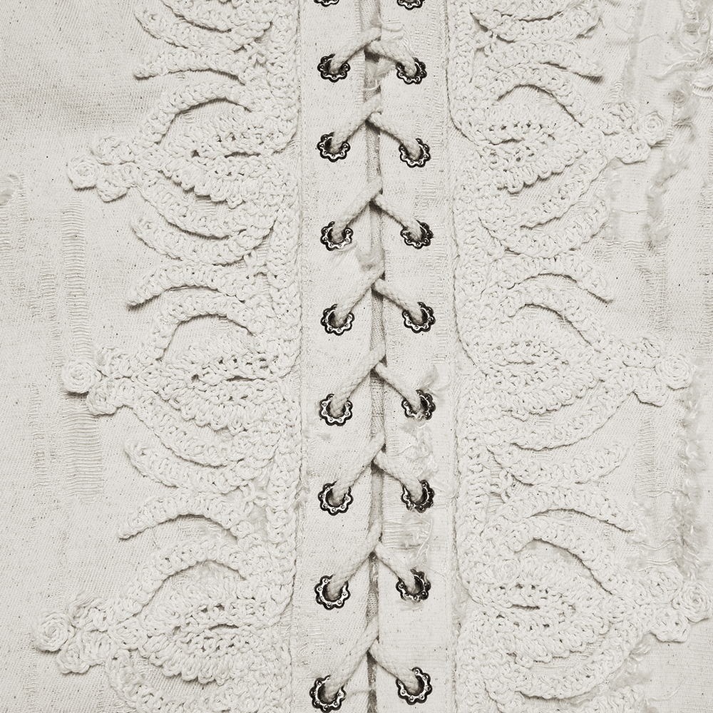 Men's Gothic Distressed Lace-Up Cotton Linen Shirt showing intricate lace detailing and drawstring closure.