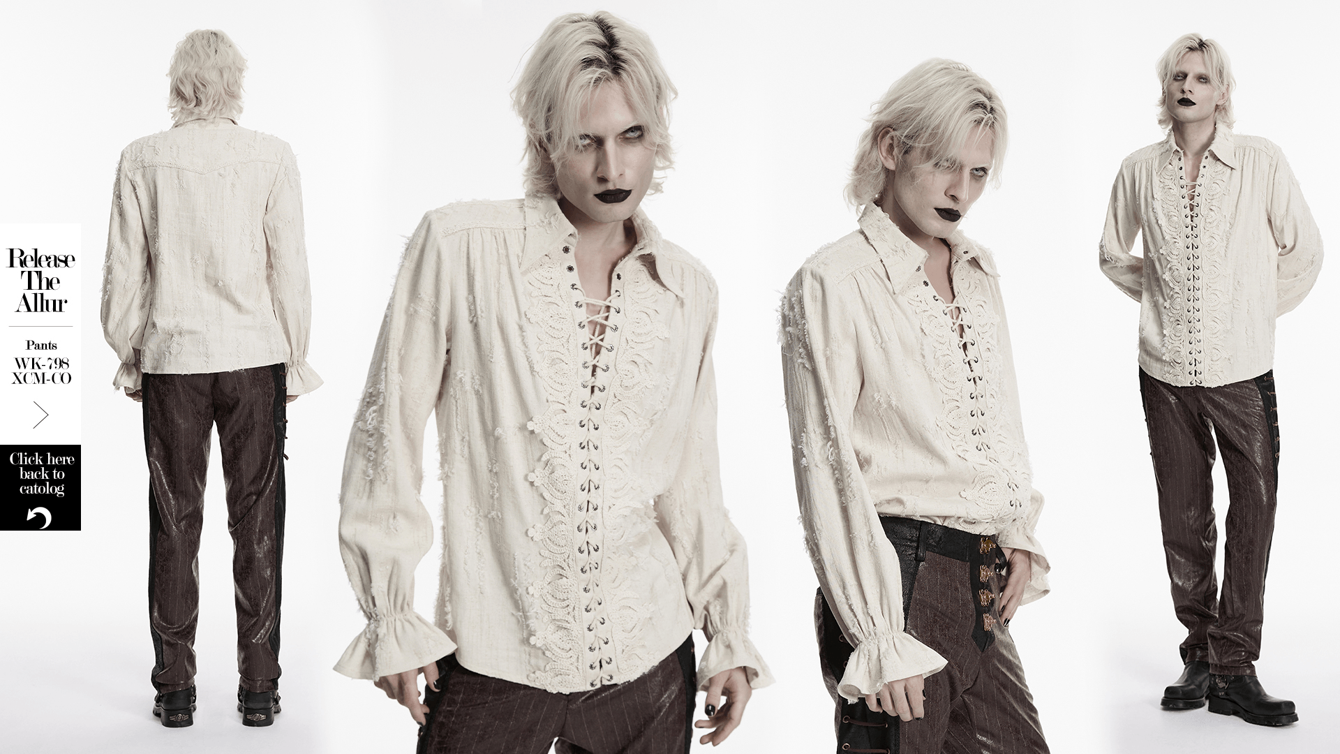 Men's Gothic Distressed Lace-Up Cotton Linen Shirt displayed on model, showcasing intricate lace and flared sleeves.