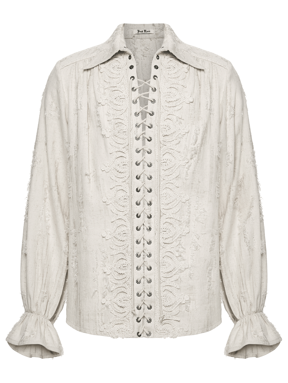 Men's Gothic Distressed Lace-Up Cotton Linen Shirt with intricate lace detailing and flared sleeves.