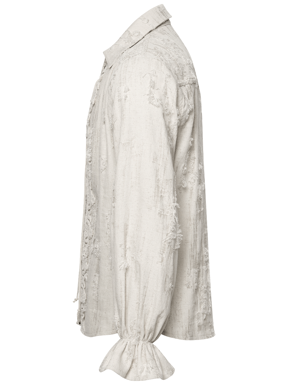 Men's Gothic Distressed Lace-Up Cotton Linen Shirt side view showcasing lace detailing and flared sleeves.
