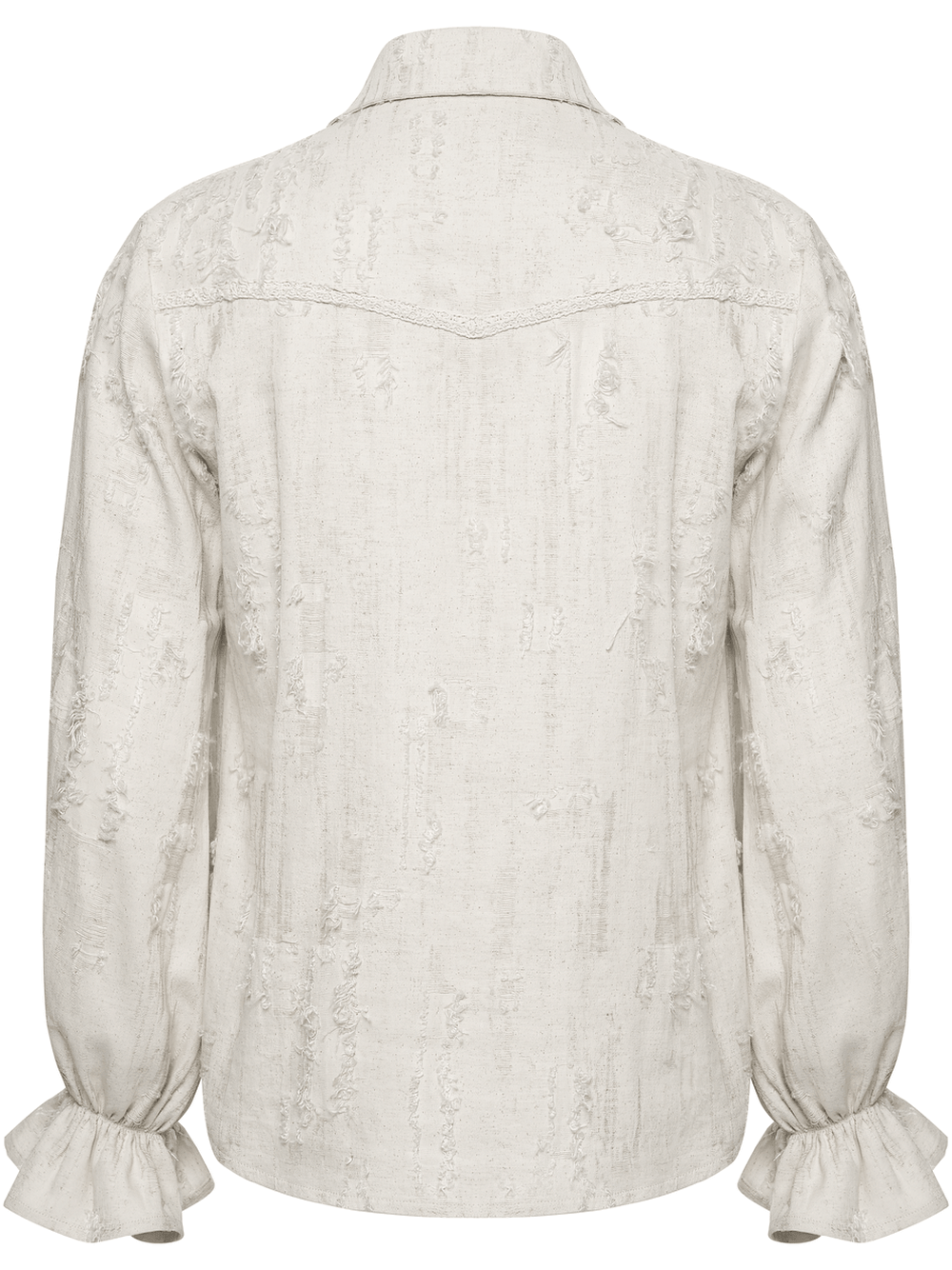 Men's Gothic Distressed Lace-Up Cotton Linen Shirt from the back showing flared sleeves and distressed fabric texture.