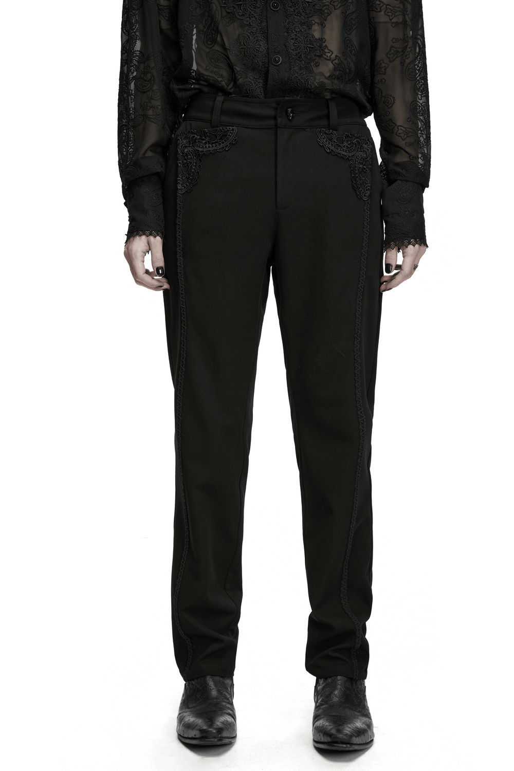 Men's Gothic Embossed Trim Tailored Black Trousers worn with a stylish black shirt and shoes.