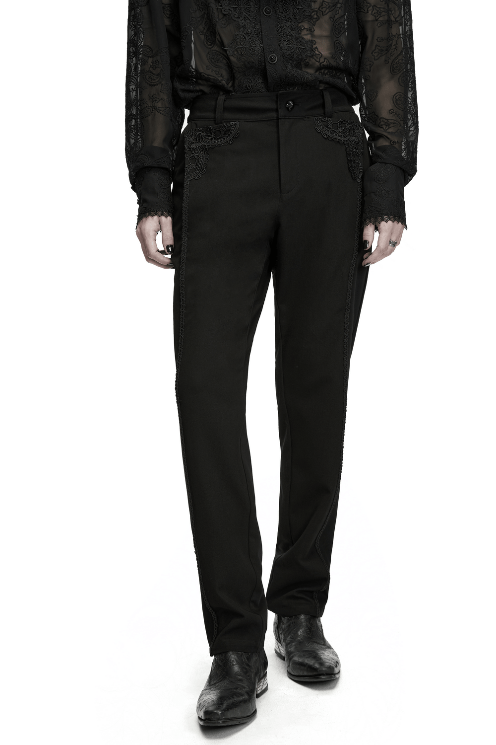 Men's Gothic Embossed Trim Tailored Black Trousers with intricate design and stylish flair.