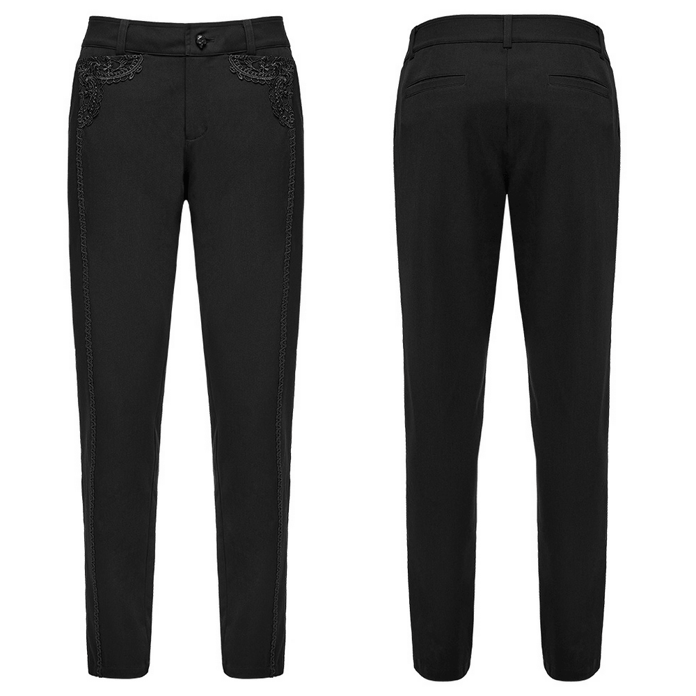 Men's Gothic Embossed Trim Tailored Black Trousers featuring detailed embossed trim and a stylish tailored fit.