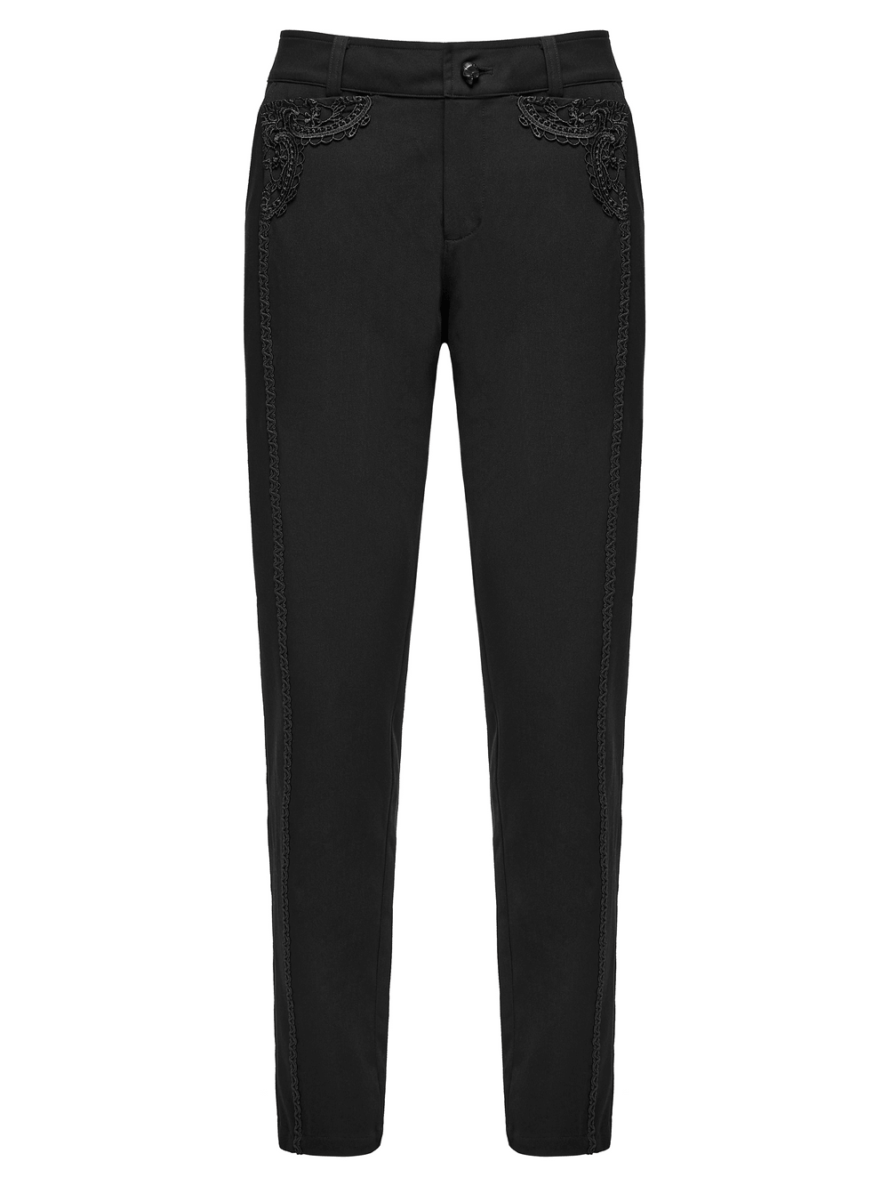 Men's Gothic Embossed Trim Tailored Black Trousers with stylish embossed detailing and a tailored fit.
