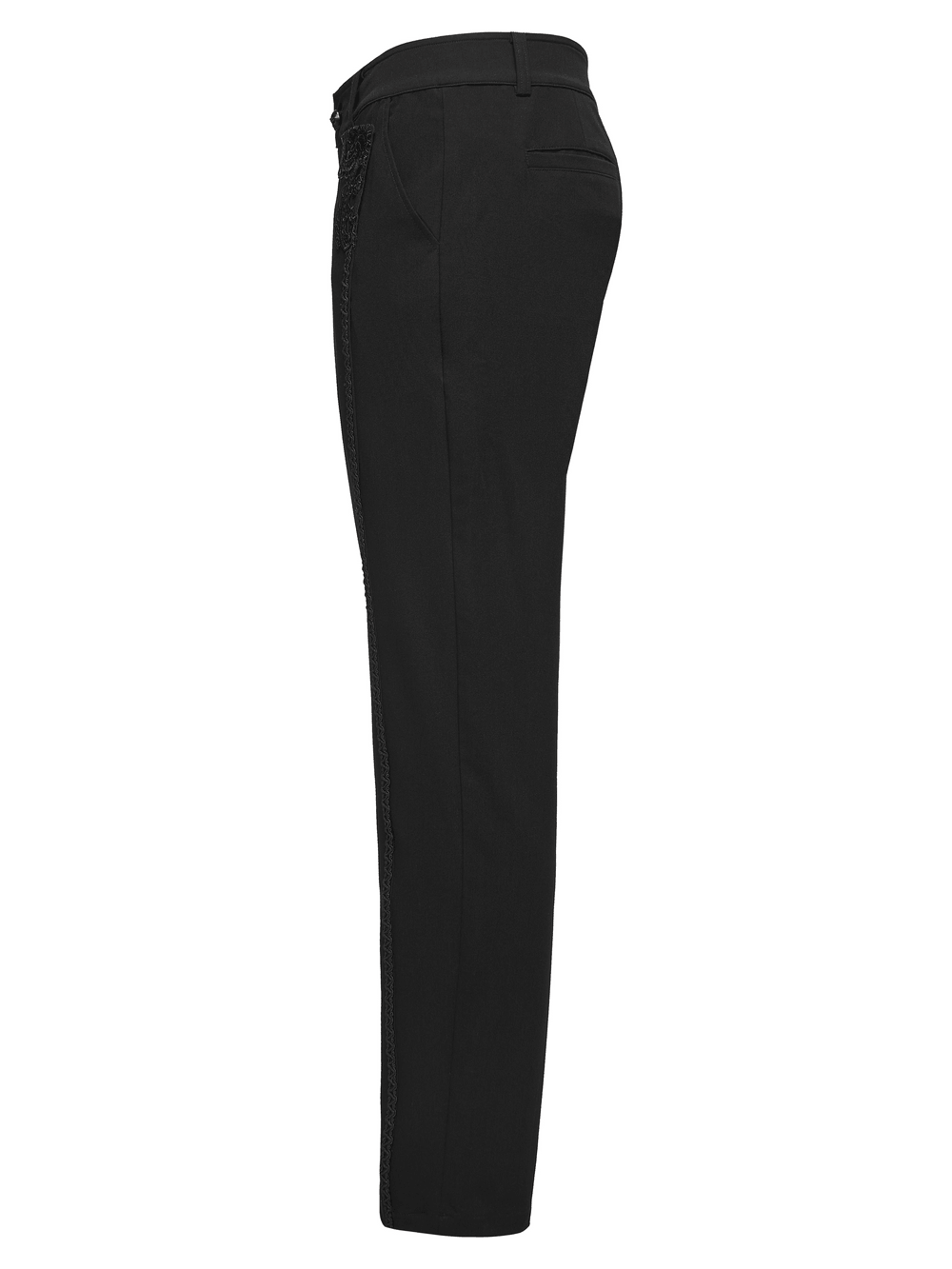 Men's Gothic Embossed Trim Tailored Black Trousers displayed from the side view for men’s fashion.