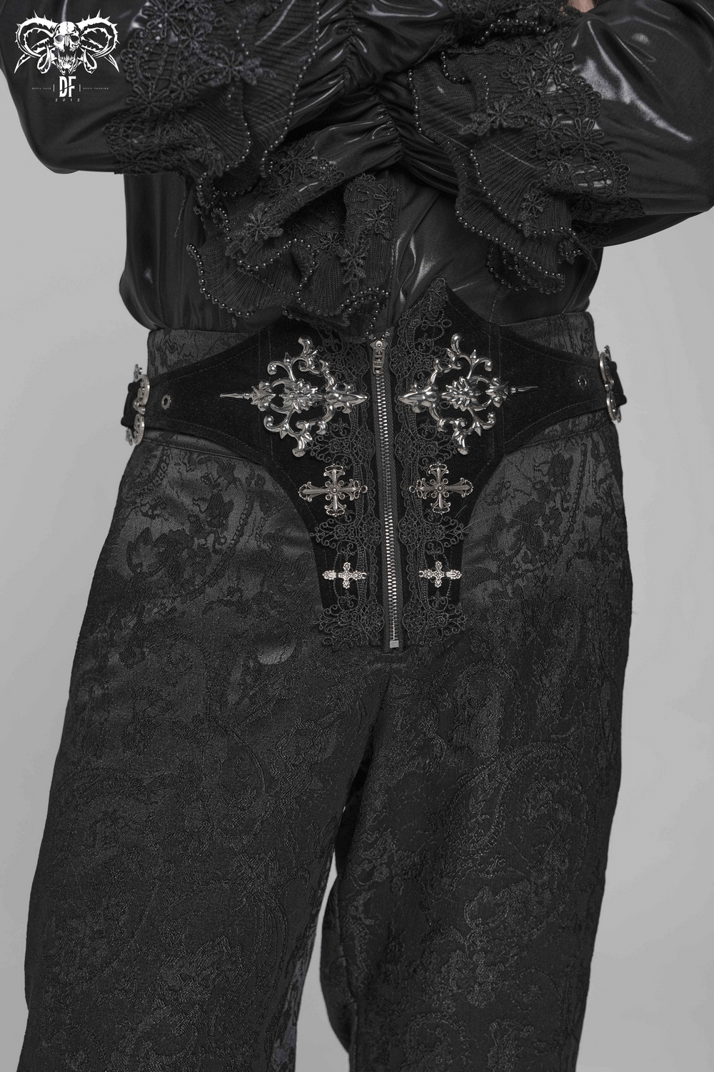 Pantalon gothique brodé pour homme avec laçage et fermeture éclair à l'avant