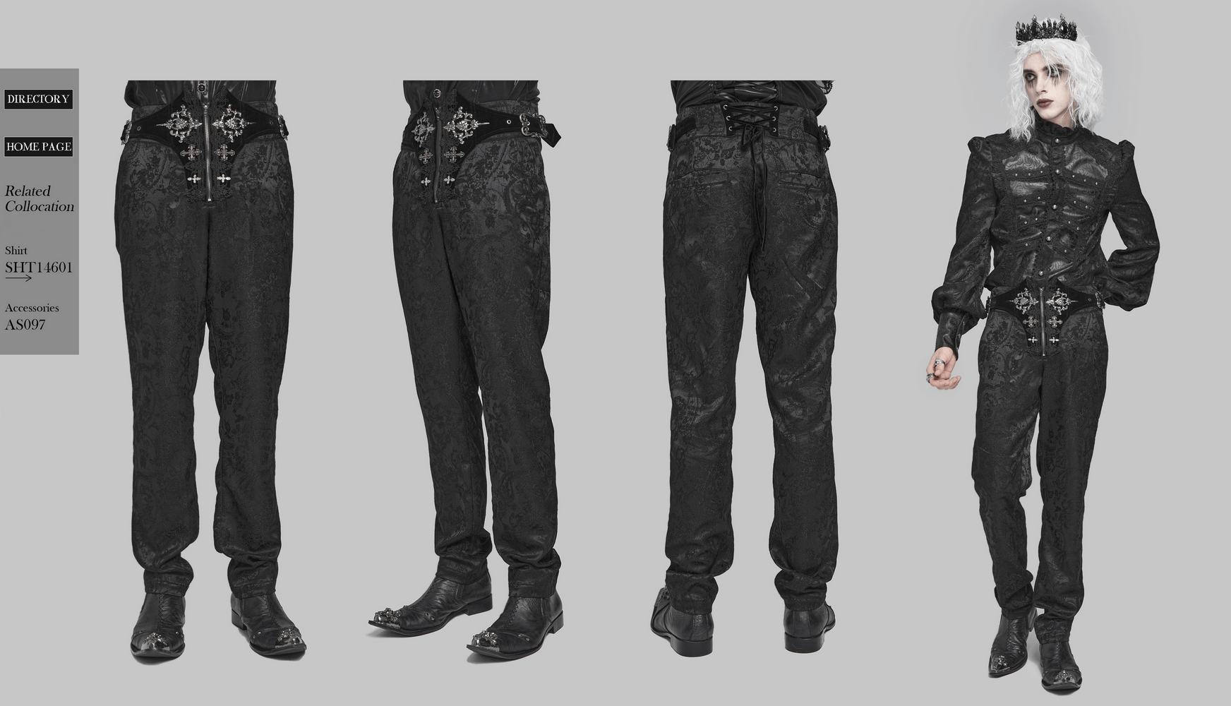 Pantalon gothique brodé pour homme avec laçage et fermeture éclair à l'avant