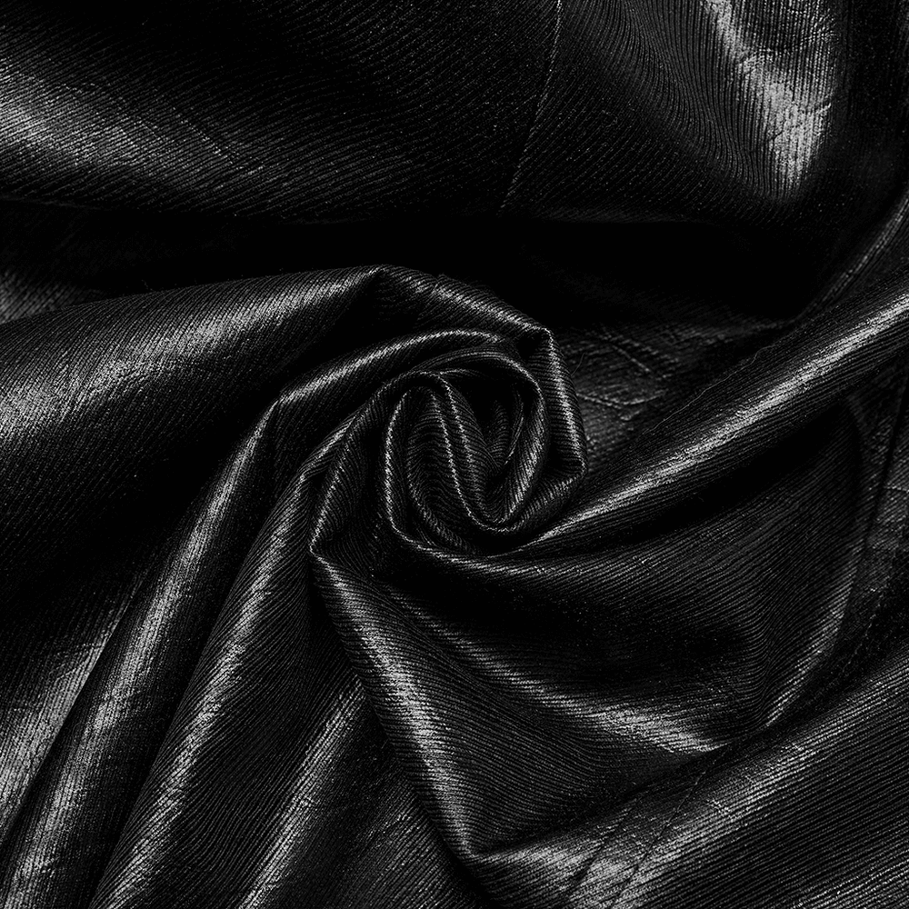 Close-up of twill-textured black faux leather fabric for cyberpunk trench coats.