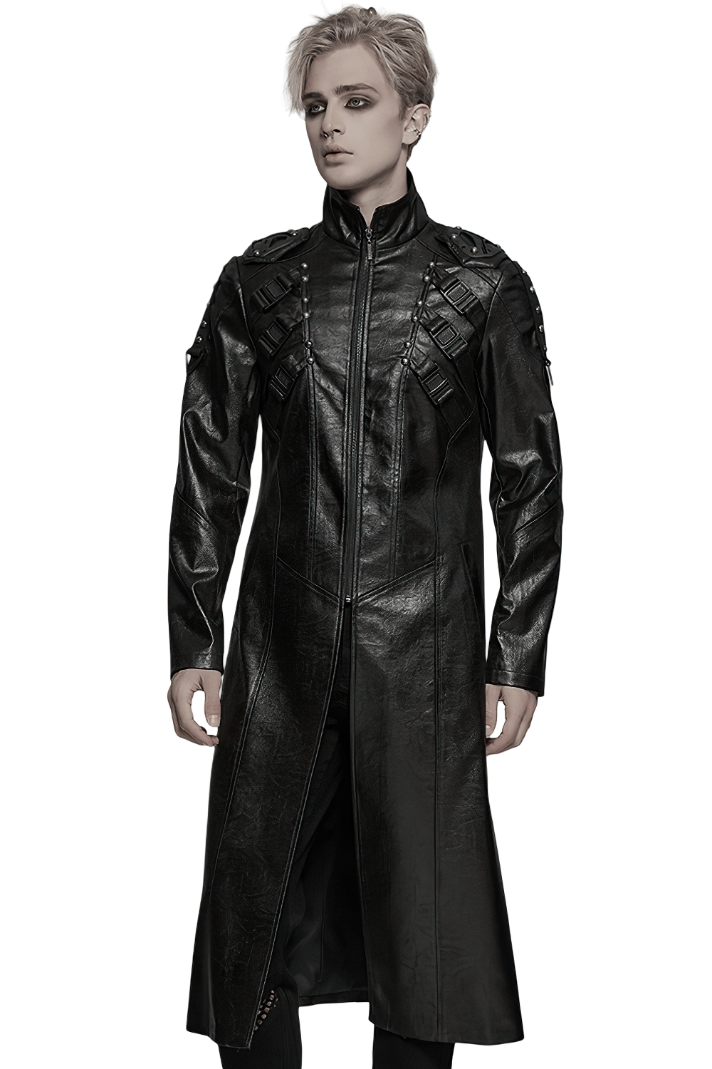 Men's gothic faux leather cyberpunk trench coat with studded straps and buckles for a bold dystopian look.