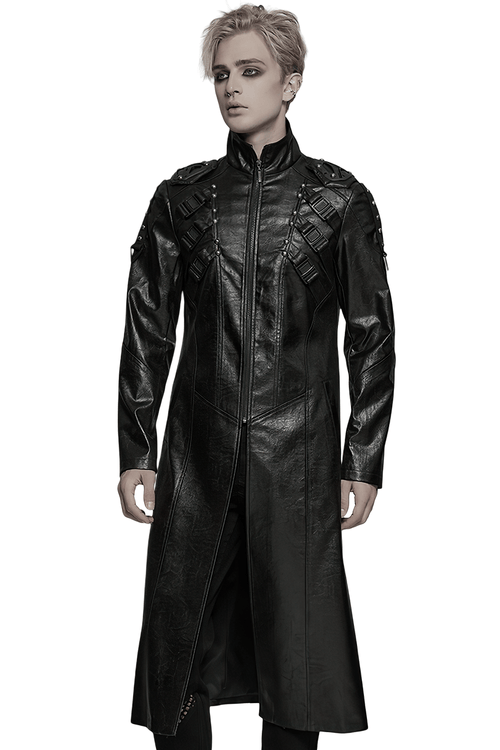 Manteau long gothique en faux cuir cyberpunk pour hommes