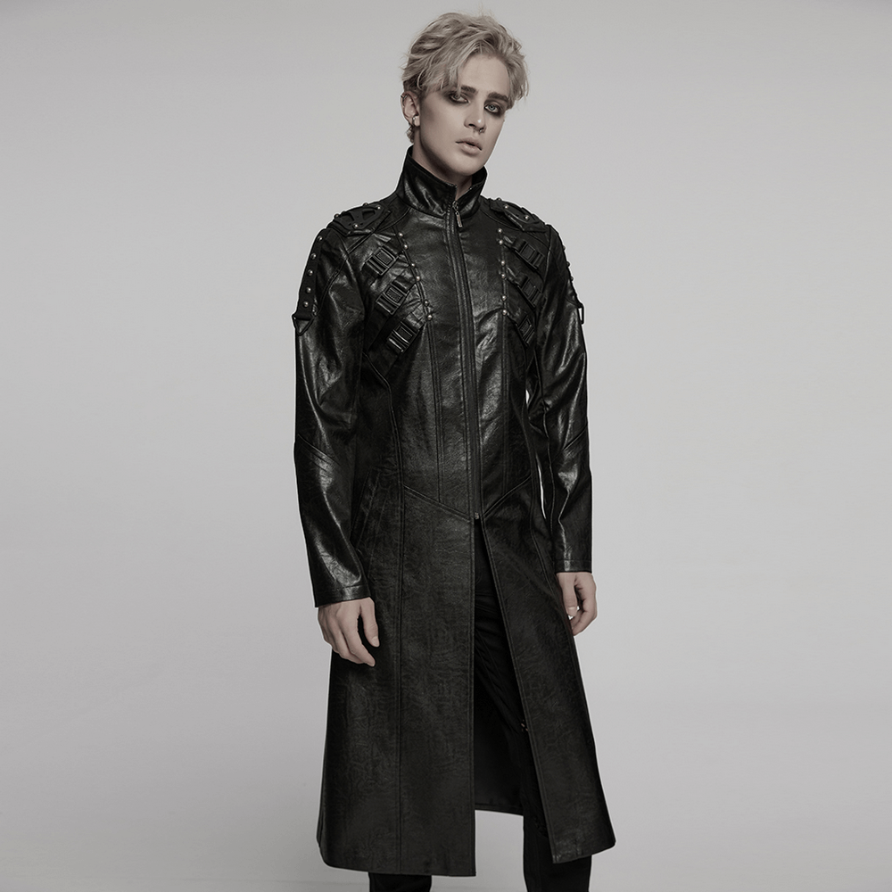 Men's gothic faux leather cyberpunk trench coat with studded straps and buckles for a striking post-apocalyptic look.