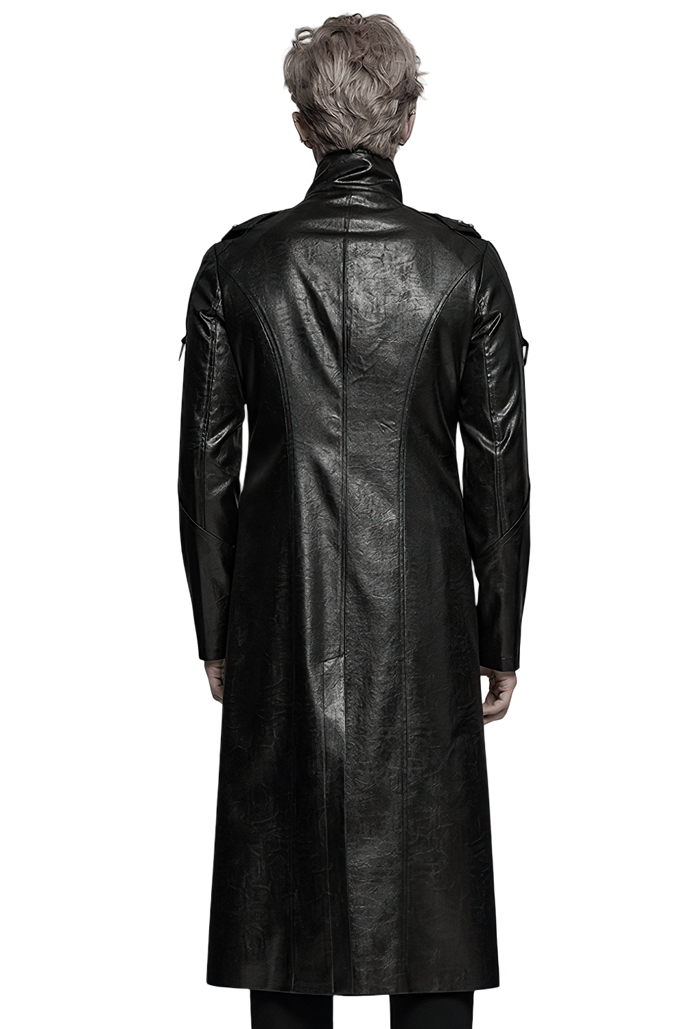 Back view of men's gothic faux leather cyberpunk trench coat with stand-up collar and sleek silhouette.
