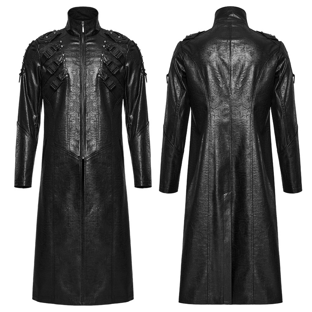 Men's Gothic faux leather cyberpunk trench coat with studded straps and buckles, showcasing a sleek, edgy design.