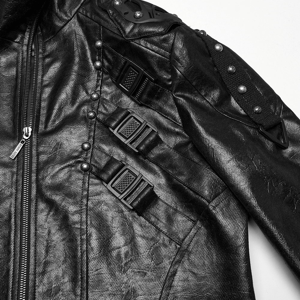 Close-up of men's gothic faux leather trench coat with studded straps and buckles for cyberpunk fashion.