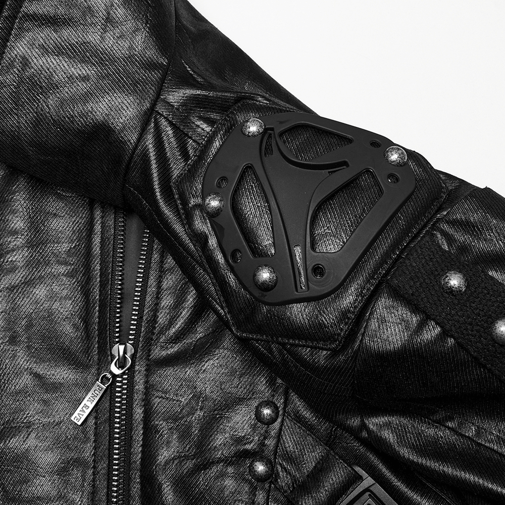 Close-up of men's gothic faux leather cyberpunk trench coat detailing with studs and armored shoulder patch.