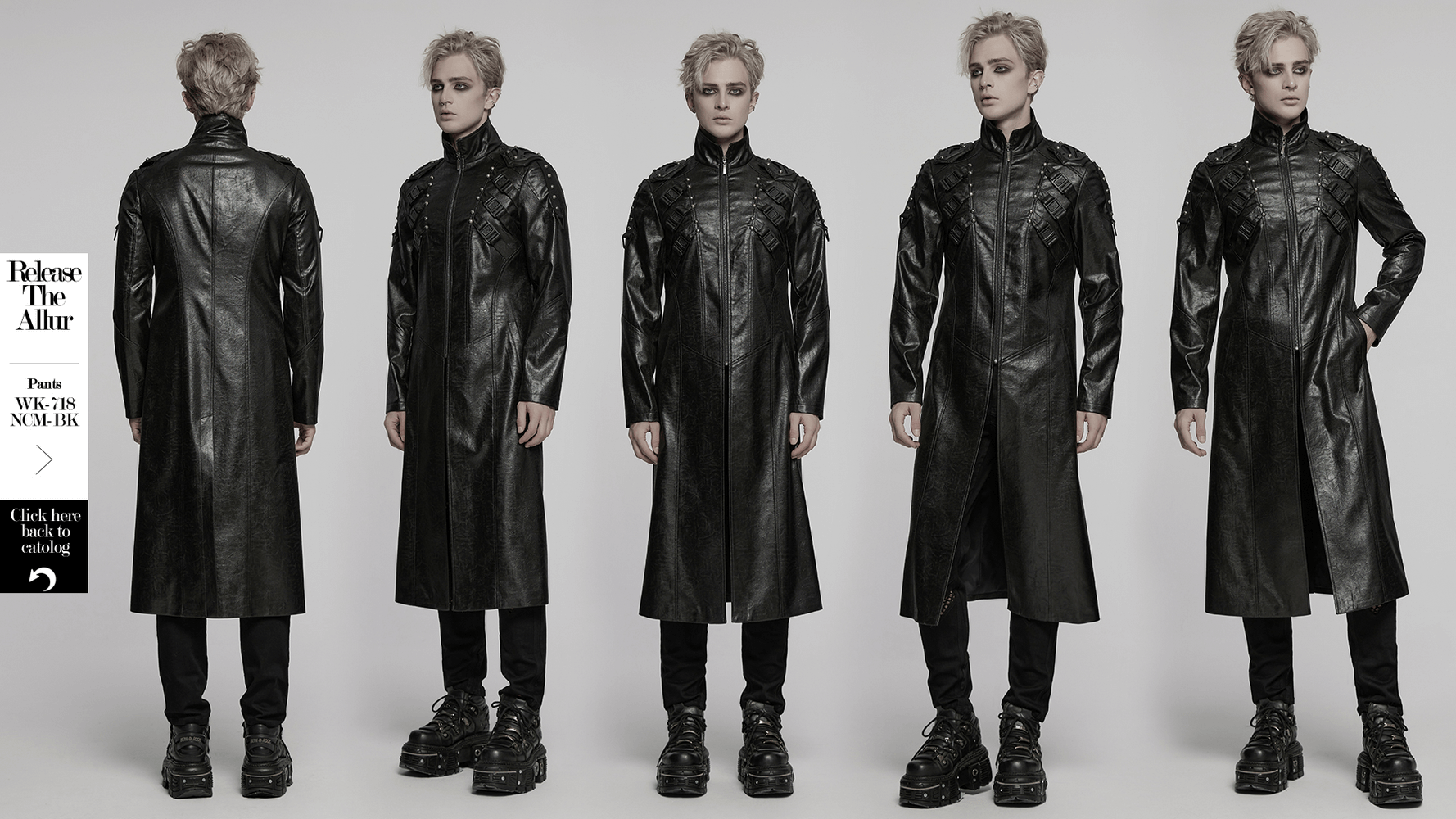 Men's gothic faux leather cyberpunk trench coat featuring studded straps and buckles, ideal for streetwear or cosplay.