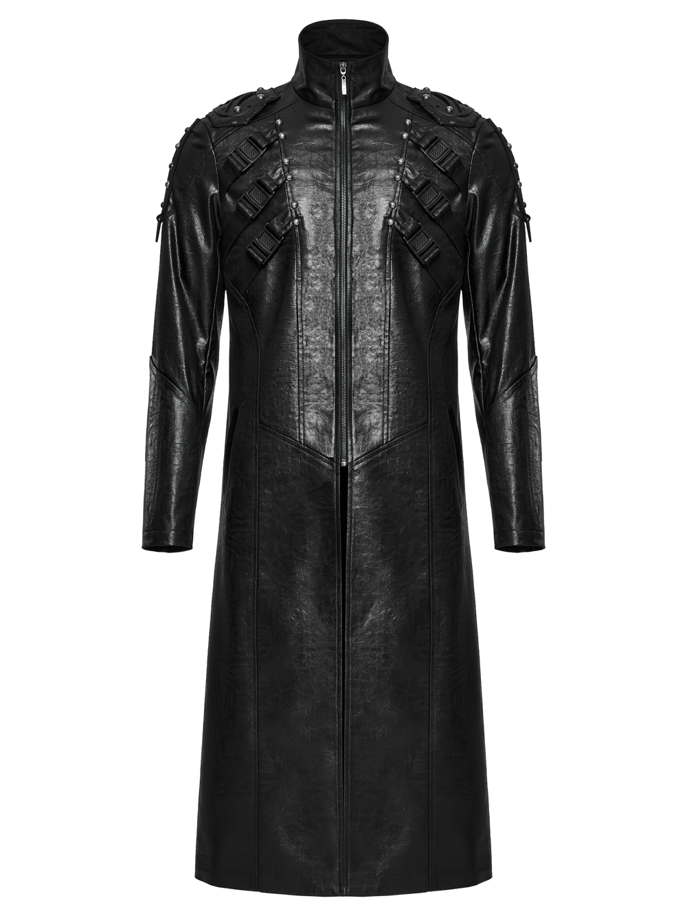 Men's gothic faux leather cyberpunk trench coat with studded straps and buckles, ideal for streetwear or cosplay.