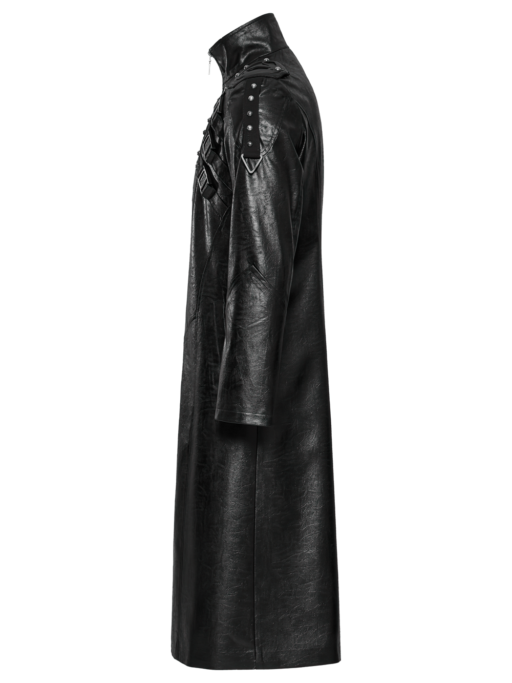 Men's Gothic faux leather cyberpunk trench coat with studded straps and asymmetric detailing.