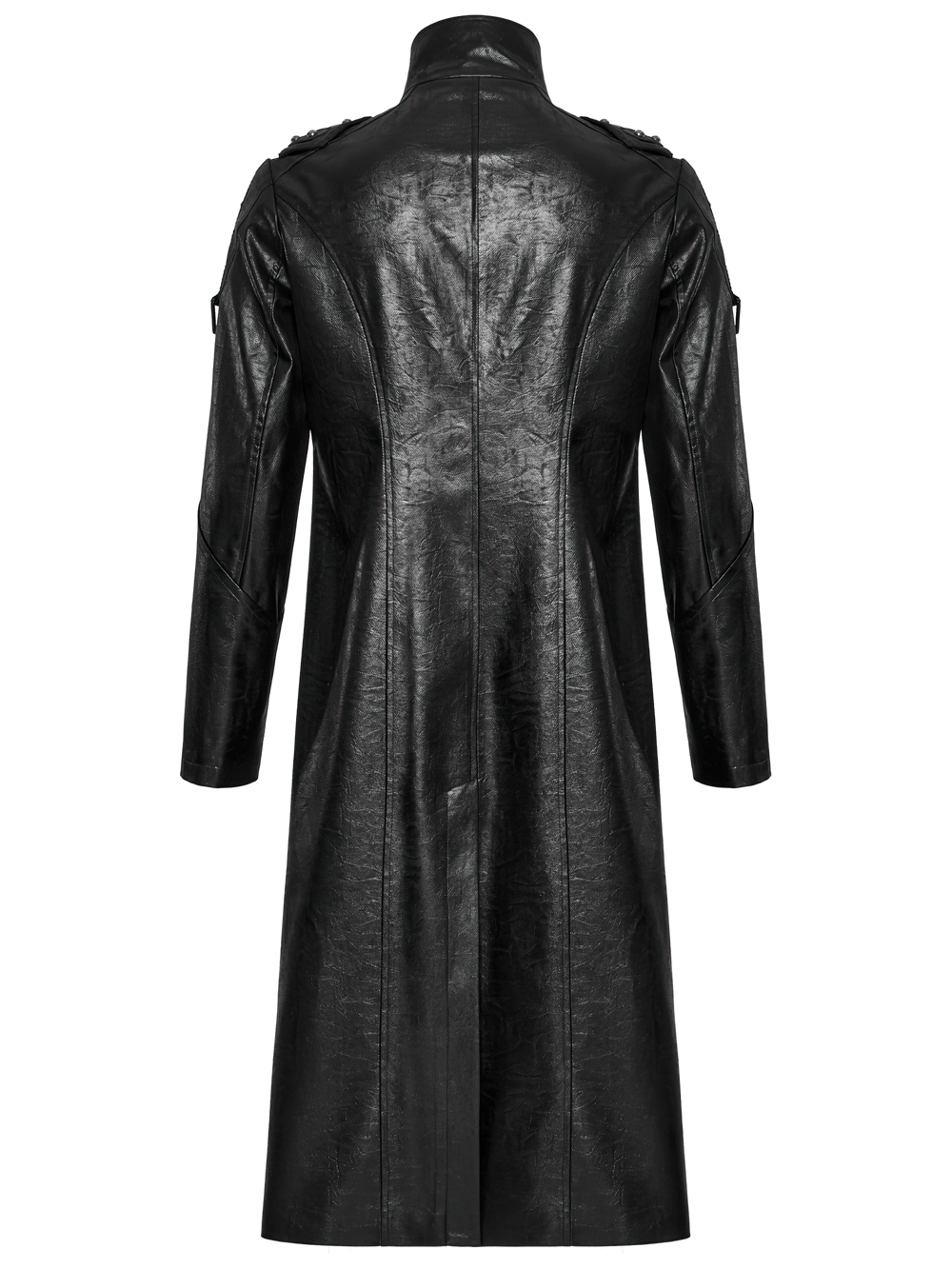 Back view of a men's Gothic faux leather cyberpunk trench coat with a sleek design and high collar.