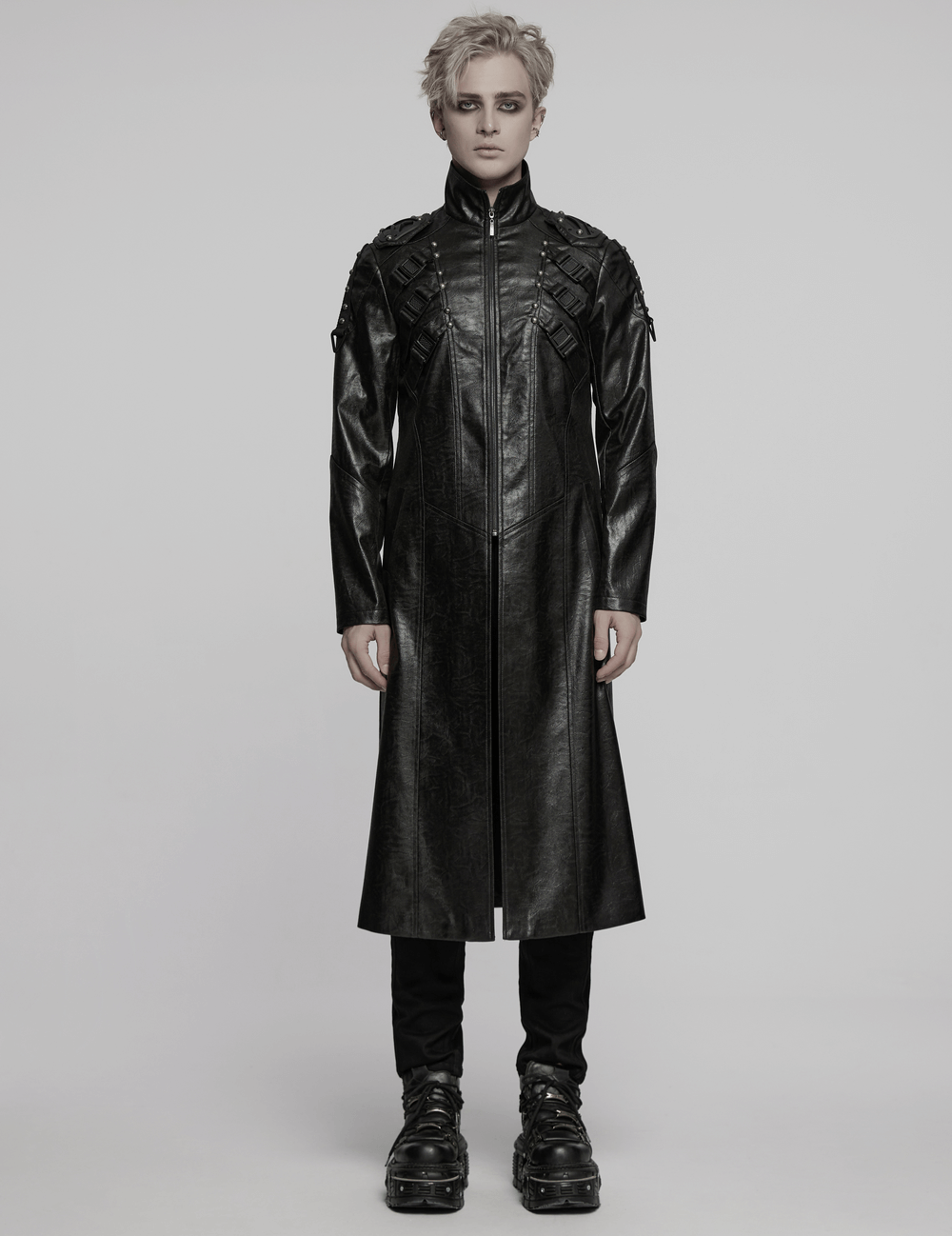 Men's gothic faux leather cyberpunk trench coat with studded straps and a sleek stand-up collar.