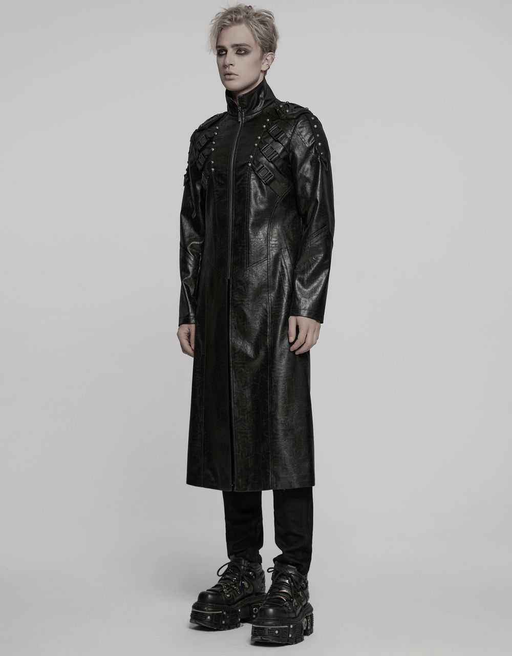 Men's Gothic Cyberpunk Trench Coat in faux leather with studded straps and a bold silhouette.