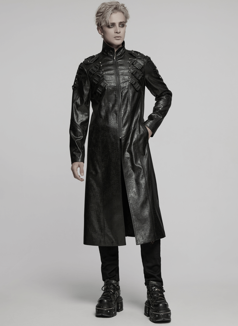 Men's Gothic cyberpunk trench coat in faux leather with studded straps and buckles, perfect for streetwear or cosplay.