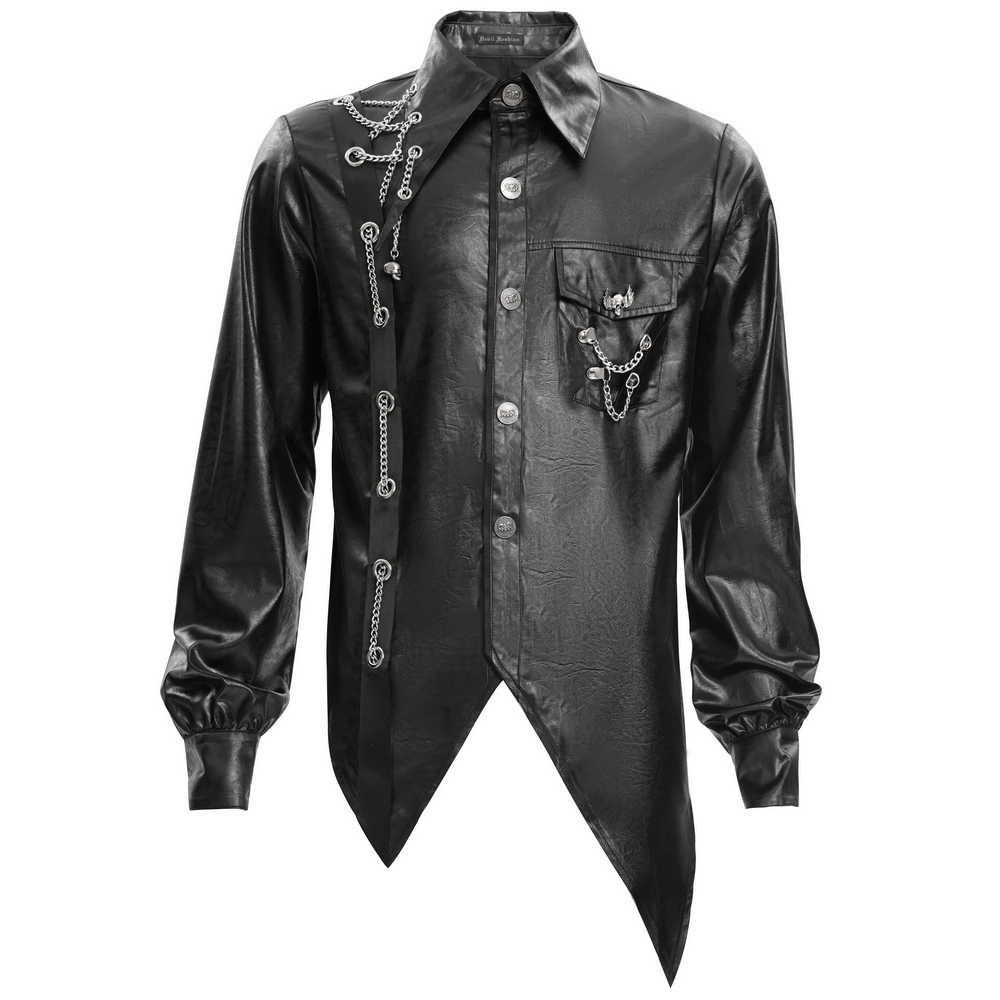 Men's gothic faux leather shirt with chain detail and asymmetric hem, perfect for punk and alternative fashion.